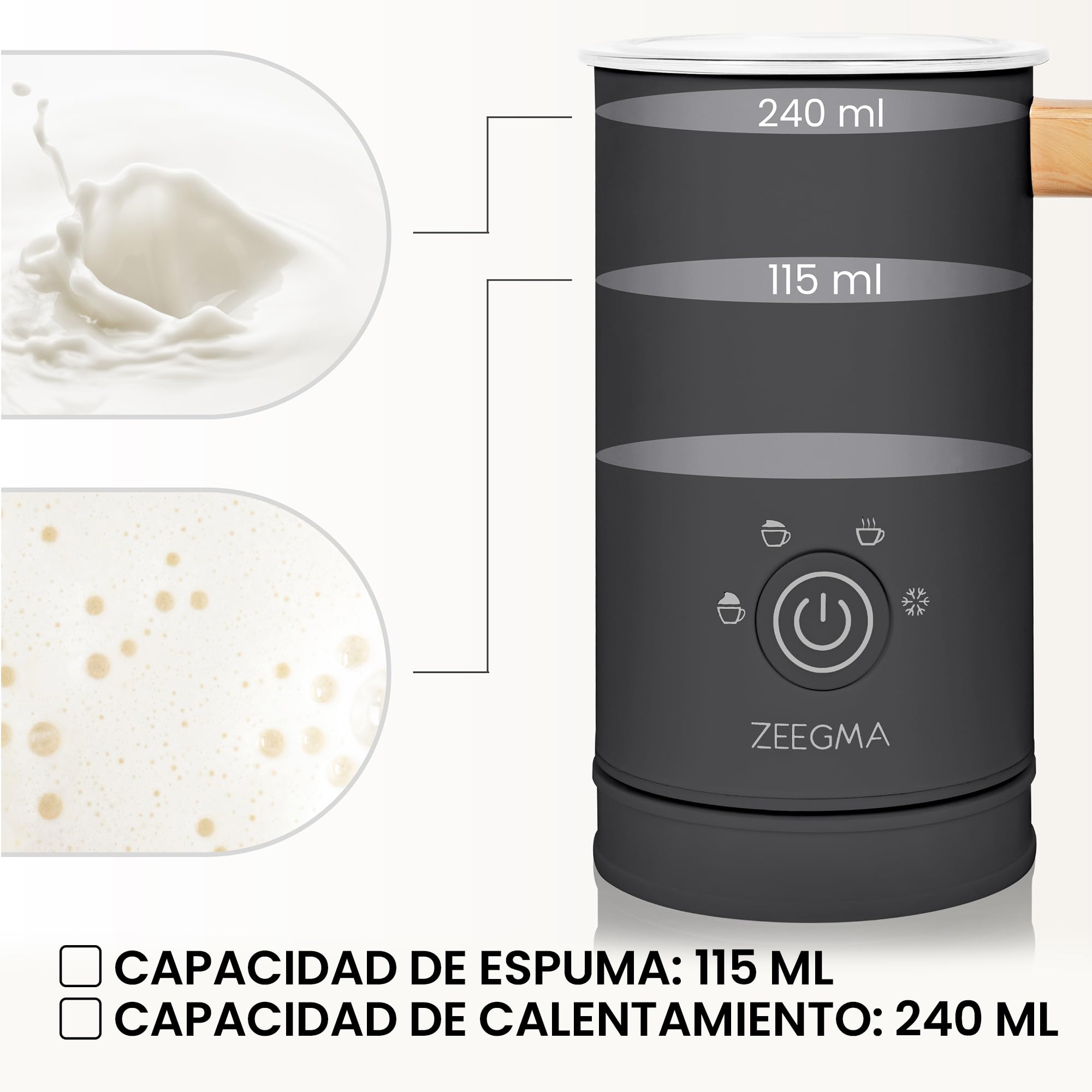Zeegma Milkee - Espumador de Leche Eléctrico Milkee 650ml, Potencia de 500W, 4 Modos para Espumar y Calentar, Diseño Moderno con Mango de Madera, Fácil de Limpiar, Revestimiento Antiadherente - Blanco