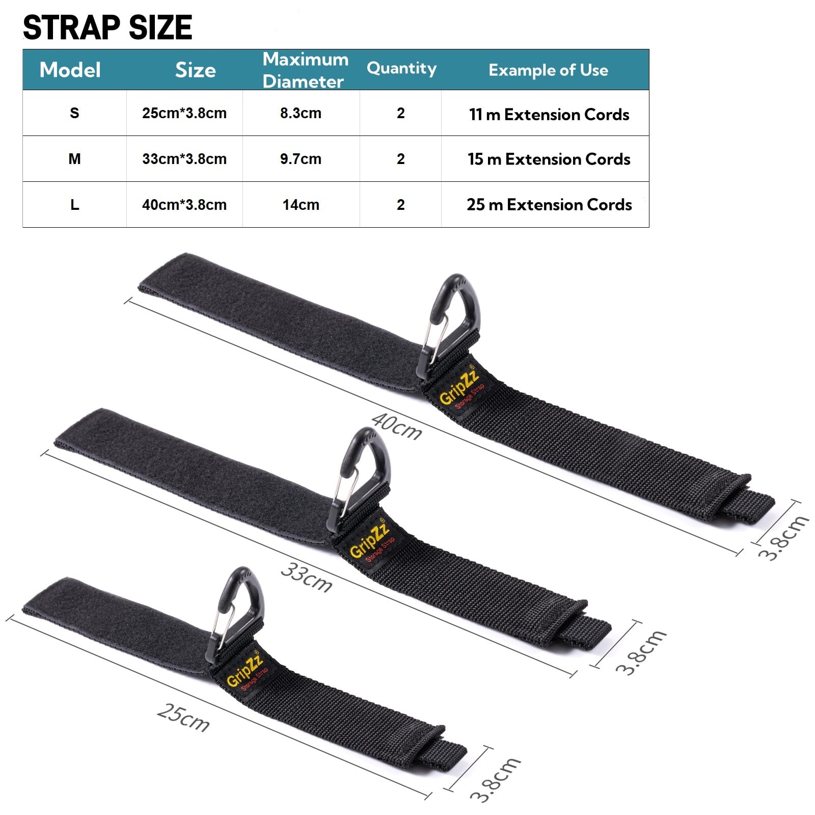 GripZz Storage Strap with Cable Tie and Triangle Hooks for Storing Extension Cables Wire Hoses - Image 2