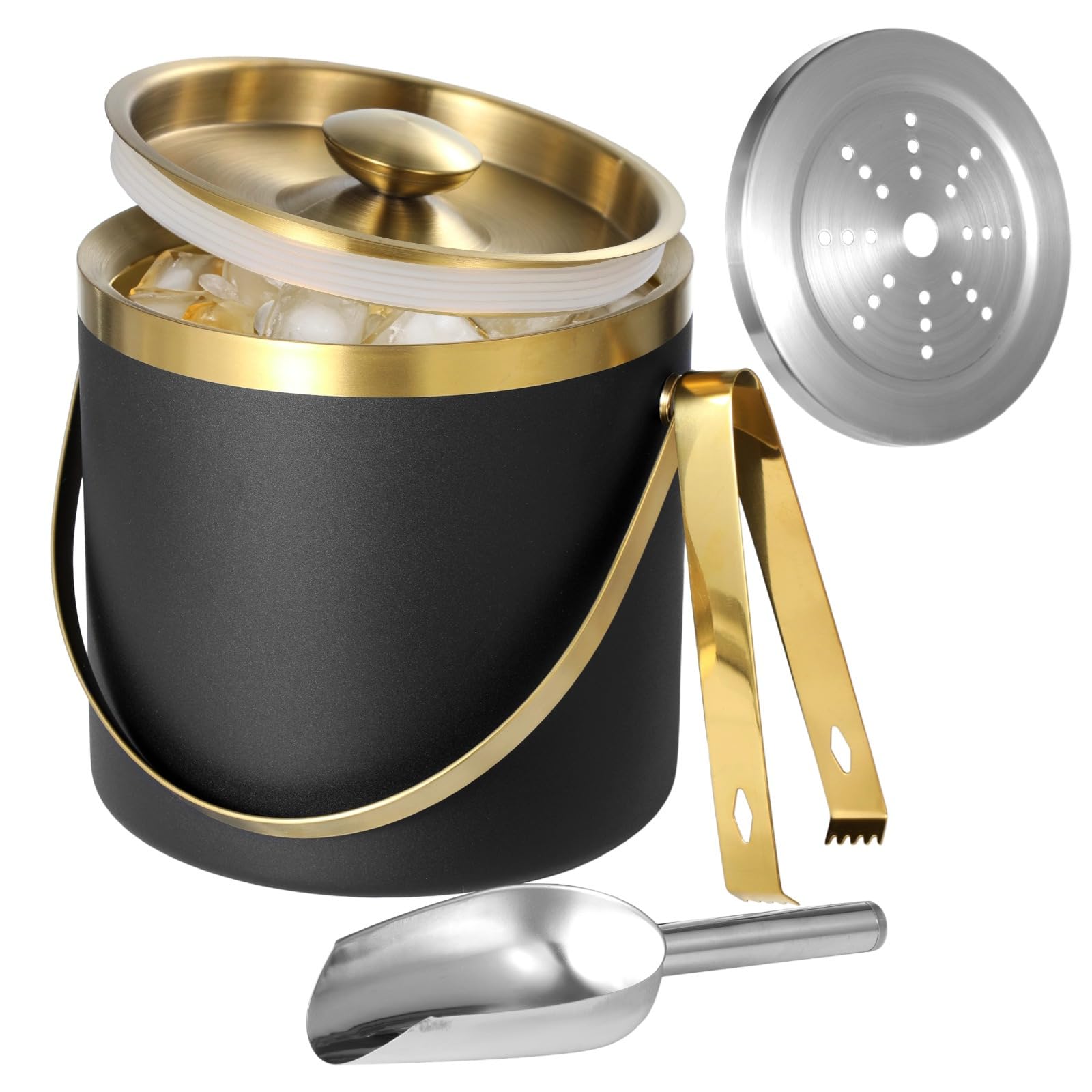 3L Edelstahl Eiskübel mit Dichtungsdeckel, Schaufel, Zange, Sieb, Metall Eisbehälter Groß Wein Eisbehälter, Doppelwand Isoliert, Ideal für Partys, Champagner, Bier
