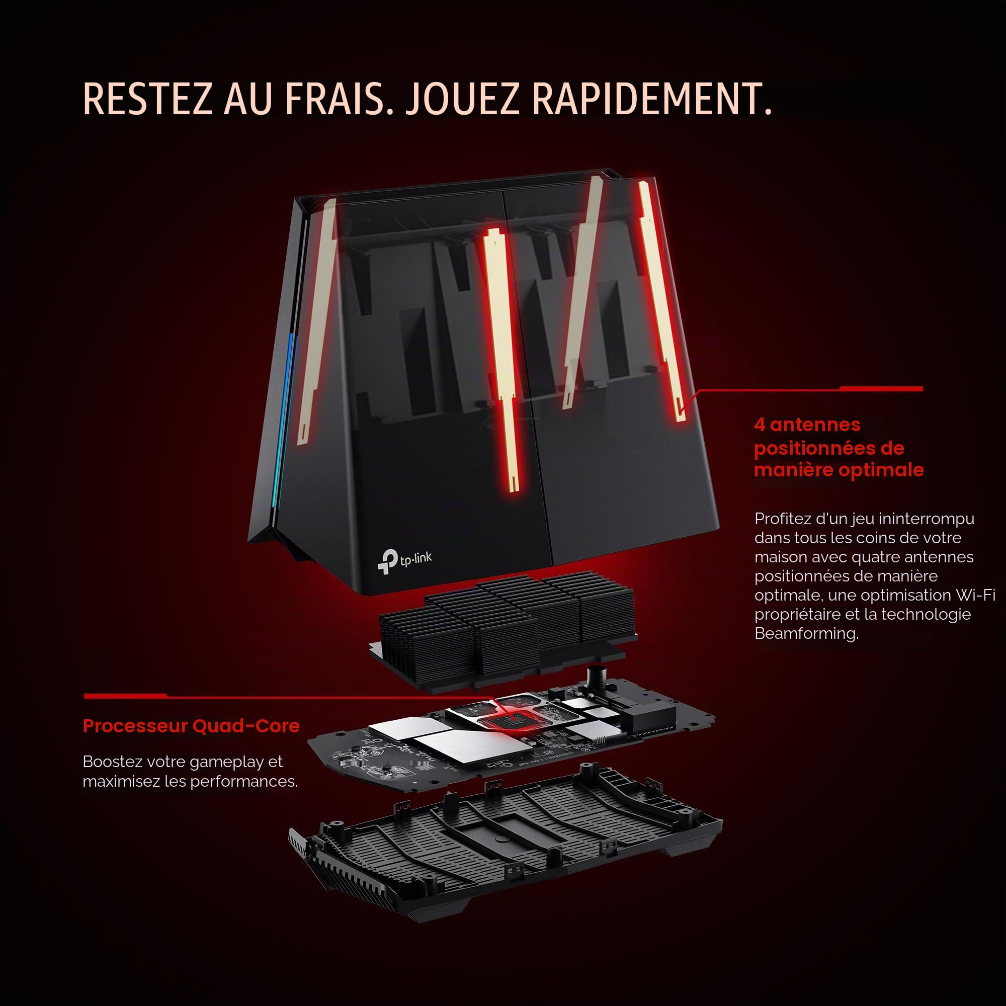 TP-Link BE11000 Tri-Band WiFi 7 Gaming Routeur Archer GE650 | 6-Stream 11Gbps Supporte 320MHz | 2×5G + 3×2.5G Ports USB 3.0 | Accélération de Jeu, Port dédié et Panneau pour Jeux