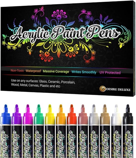 Desire Deluxe Acrylic Paint Pens - Non Toxic Water Based Rock Painting Waterproof Kit Markers for Stone, Ceramic, Glass, Wood, Porcelain, Pebbles - Reversible Round Tip
