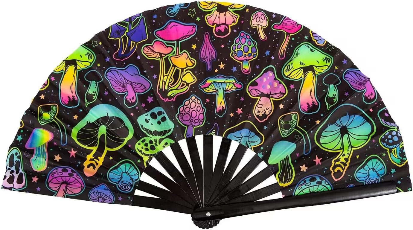 Qchengsan UV Glow Rave Hand Fan,Festival Fan,Large Folding Hand Rave Fan for Festival,Halloween,Rainbow Outfits for Women & Rave Accessories,Clack Hand Held Fan for Party,Folding Fan (Waves)