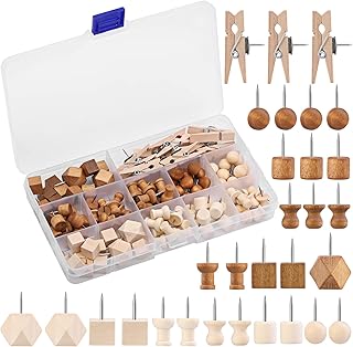 114 Pcs Wood Push Pins, 2 Colors and 7 Types Decorative Thumb Tacks Wooden Head Pin Wood Map Tacks Marking Pin, Wood Thumb...
