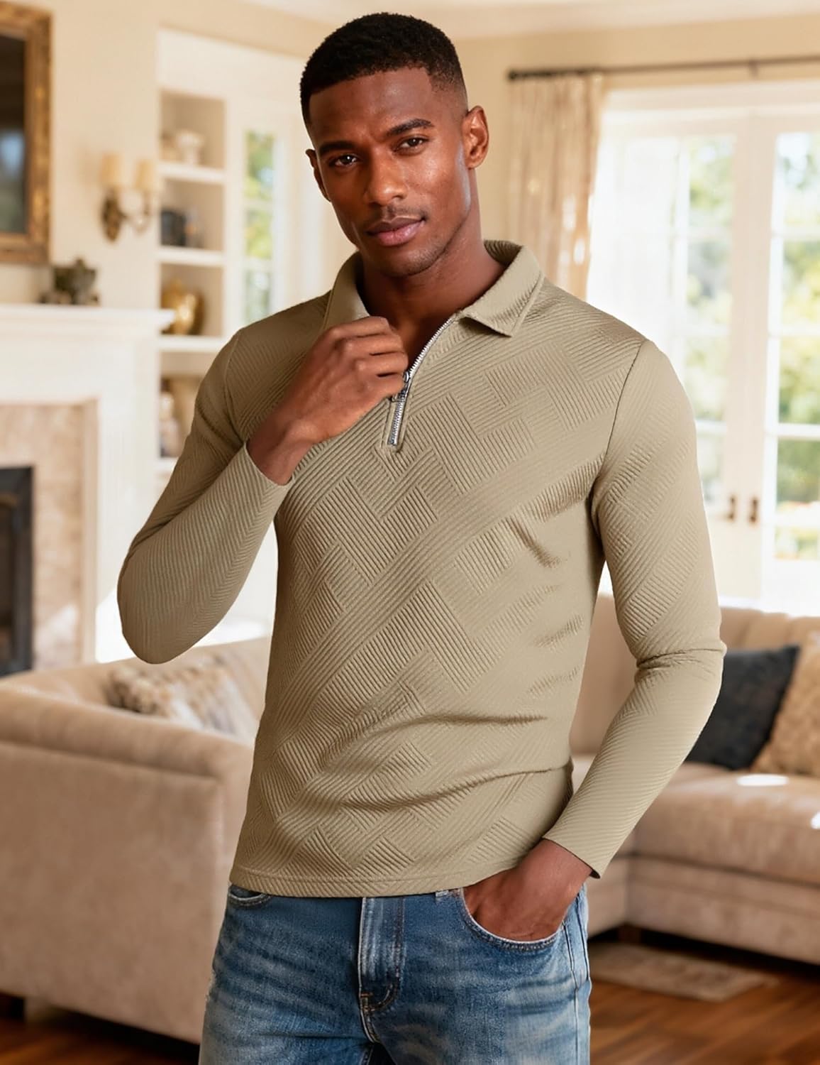 UOUA Men's Polo Shirt Quarter Zip Tops Soild Casual Geometric Texture Long Sleeve Sweaters Pullover Golf Sweatshirts - Image 3