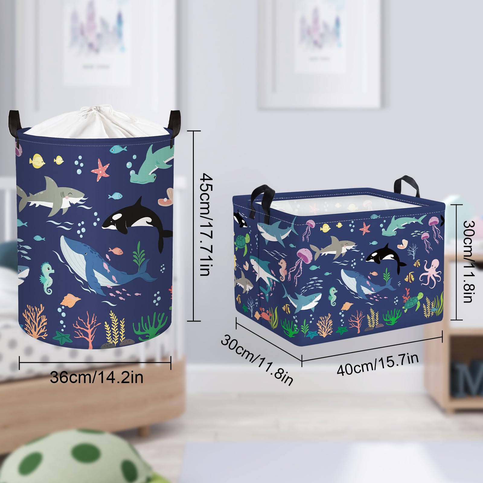 Clastyle Paniers Rangement Animaux Marins Requin Bleu pour Enfants Rectangulaire Boîtes de Rangement Jouets Vêtements pour Chambre d'enfant, 40x30x30 cm