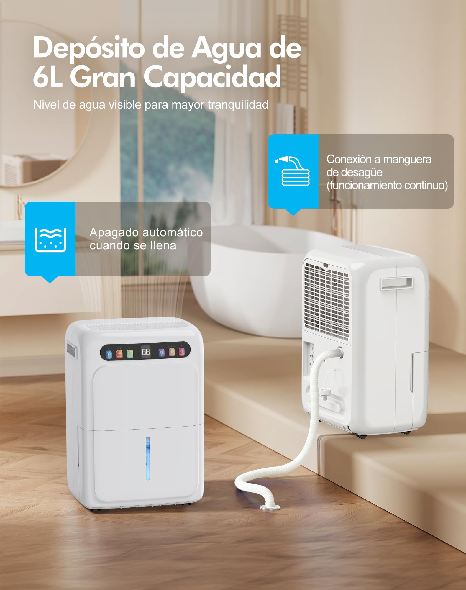 Deshumificadores de Humedad, Deshumidificador 20L, Tanque de Agua de 6L, Modo Secado de Ropa, Pantalla Digital, Sensor Automático de Humedad, Temporizador de 24H