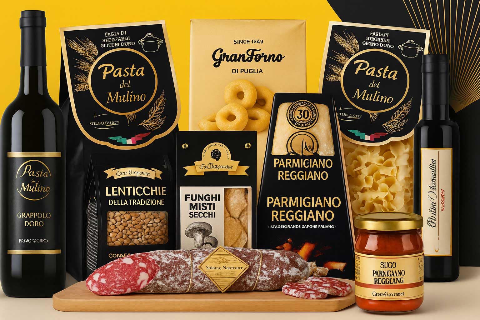 Regalidea Confezione Strenna Cesto Gran Gourmet 2025 con 10 pezzi: Pasta, Sugo, Trancio Parmigiano, Salame, Lenticchie, Tarallini, Funghi Secchi, Aceto e altro