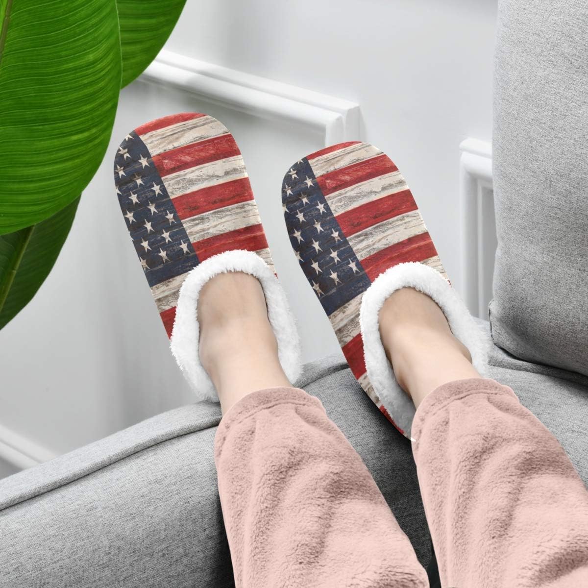 BONDIJ Pantoufles En Peluche Douce Avec Motif Drapeau Américain Avec