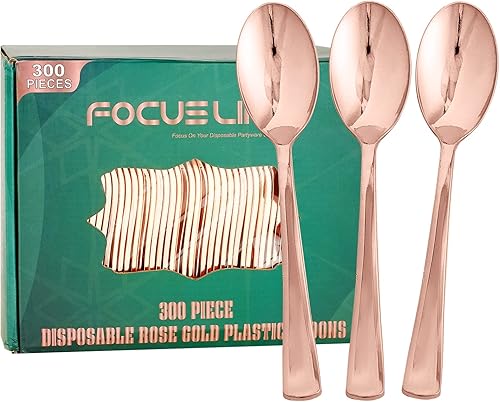 FOCUSLINE Paquete de 300 cucharas desechables de plástico color oro rosa cucharas de plástico sólido y duradero utensilios desechables resistentes