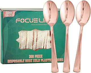 FOCUSLINE 300 Pack Disposable Rose Gold Plastic Spoons, Solid and Durable Plastic Cutlery Spoons, Heavy Duty Disposable Utensil Silverware for Catering, Parties, Dinners, Weddings