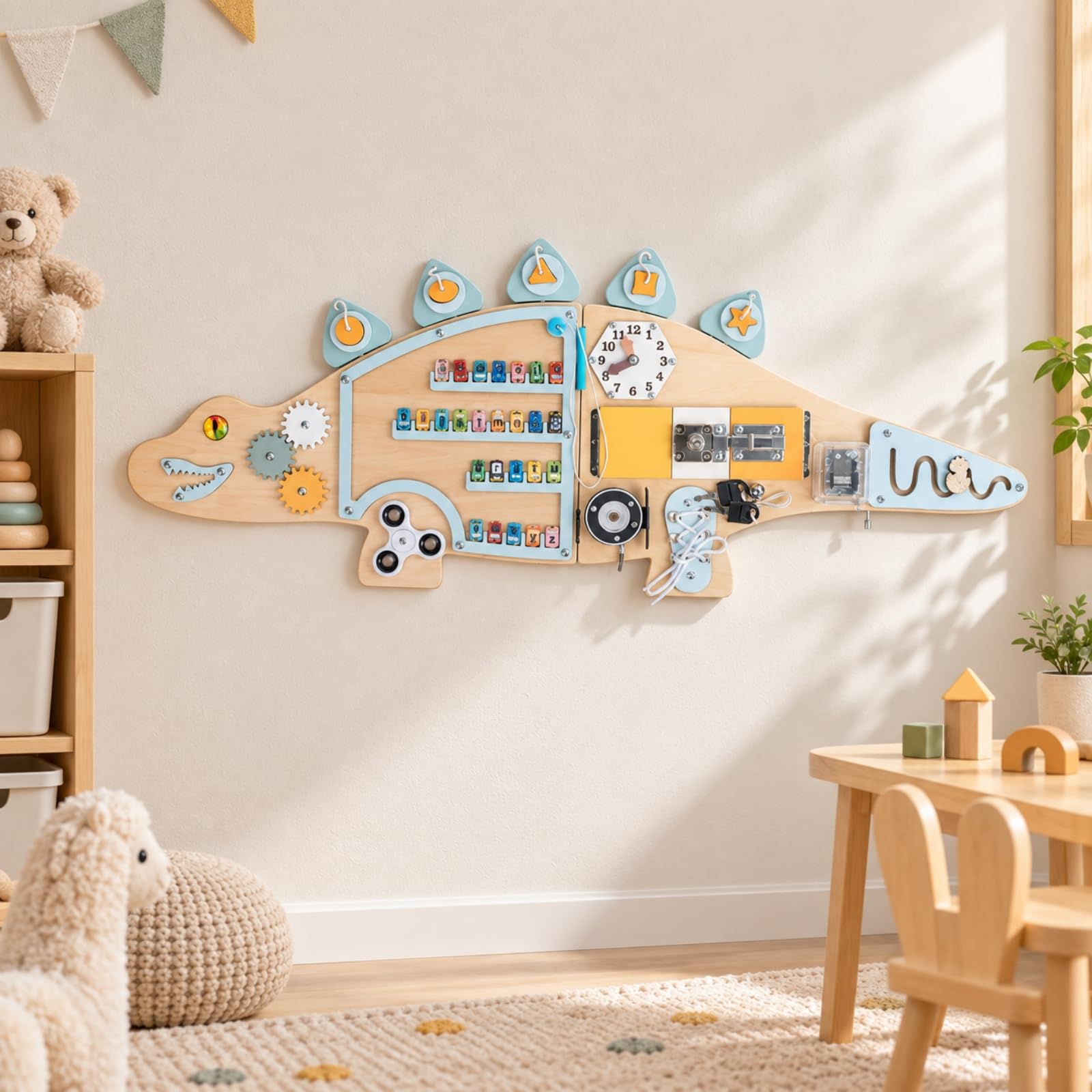 predolo Tablero Didáctico Pared con Dinosaurio sin Pantalla Tablero Ocupado con Forma Dinosaurio Ahorra Espacio para Niños Pequeños, Guarría