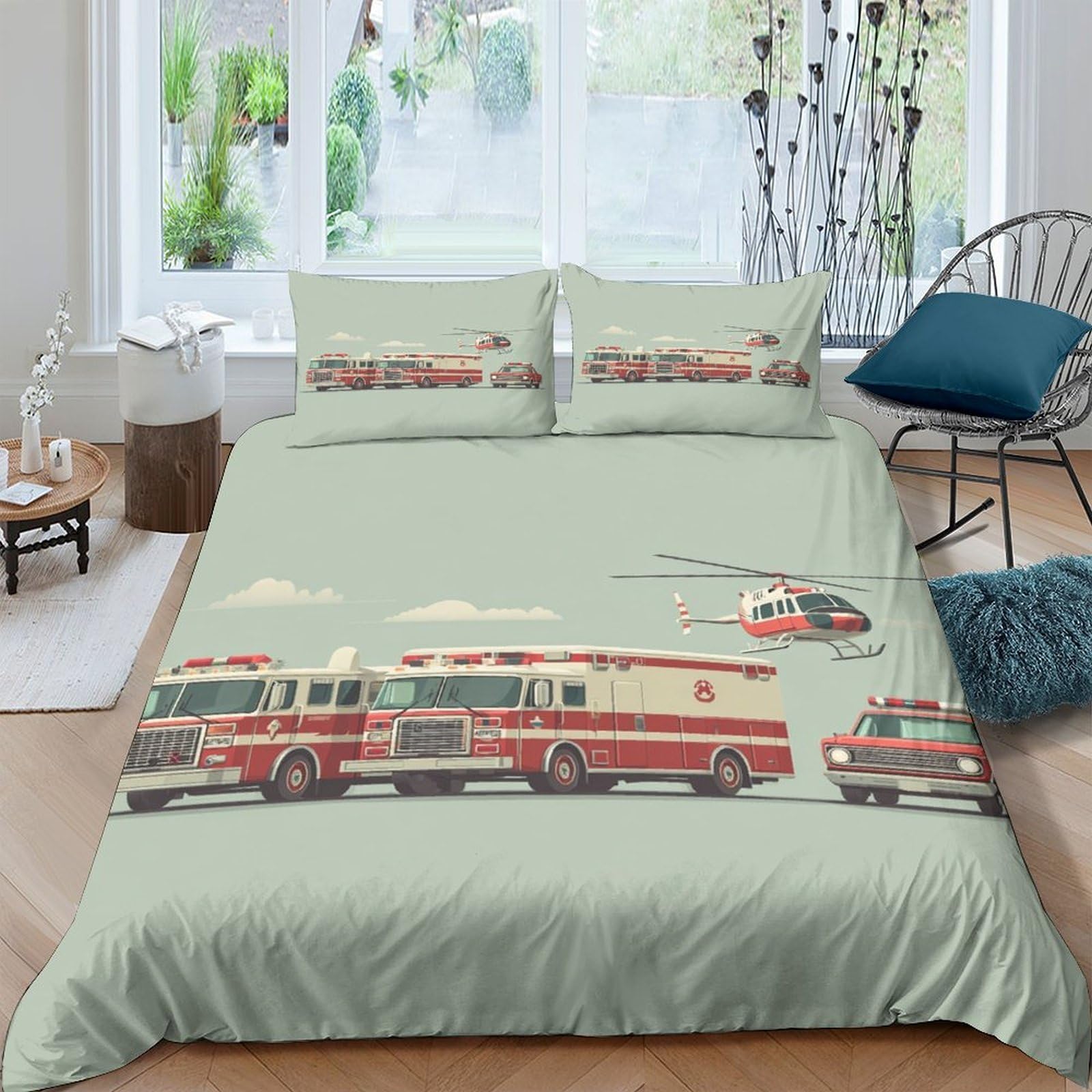 Ctjqhvkz Style-8 3D Printed Fire Truck Fitted Sheet Microfiber Soft Breathable Rescue Helicopter Bed Cover For Bedroom Dorm Mattress Protection Decor Single（135X200cm）