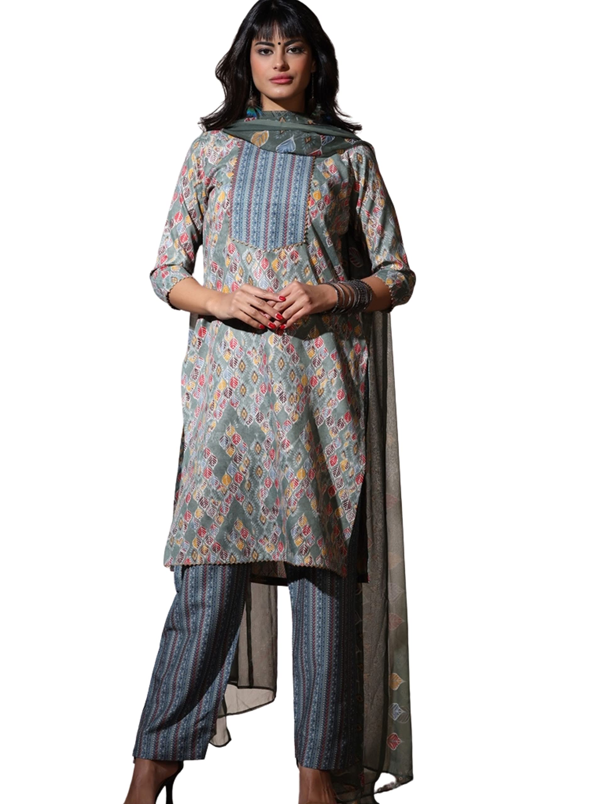 Greciilooks Womens Cotton Casual Regular Fit Kurta Set (Grey, Small)