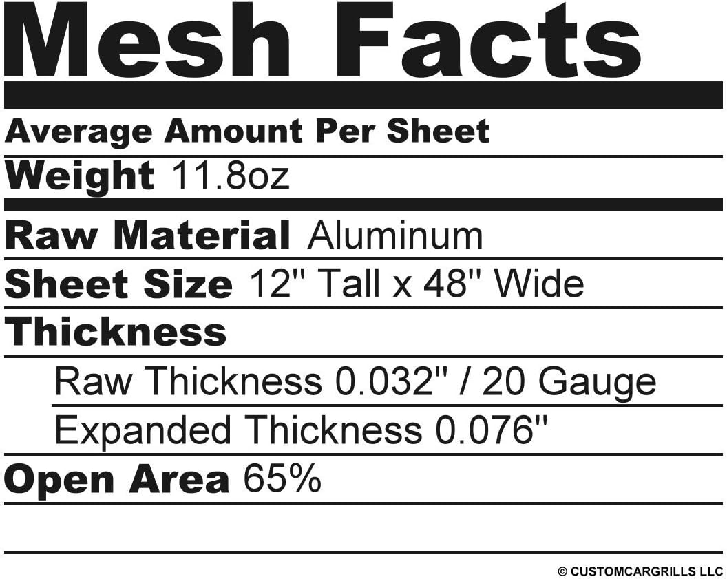 customcargrills 12"x48" Small Diamond Grill Mesh Sheet - Gloss Black - Shipped Flat, 0.16 x 0.38 inch hole opening, 0.076" thick Aluminum, powder coated, Made in USA