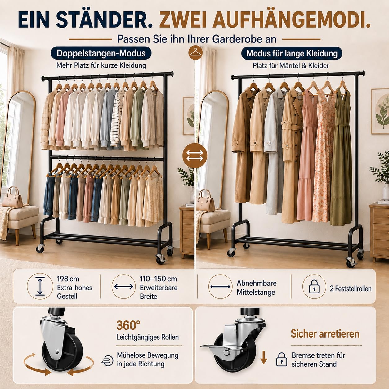 Yorbay Robuste Schwerlast Kleiderständer auf Rollen: Tragkraft 210 kg | Multifunktioneller Metall Kleiderstange mit Regal - Platzsparende Garderobenständer für Schlafzimmer Wäscheraum
