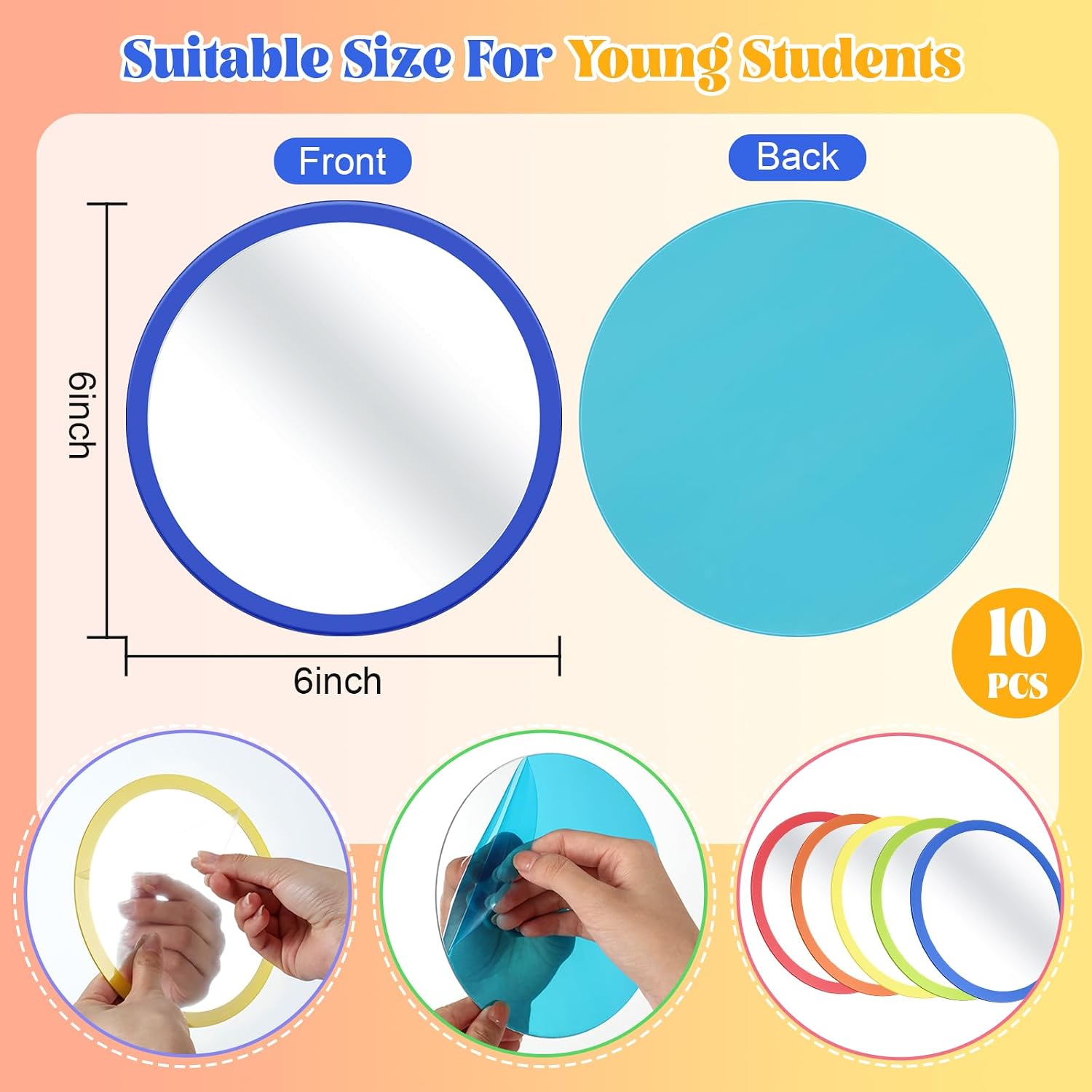 Dandat 10 Pcs Small Mirrors for Kids 6 x 6 Inches Round Unbreakable Shatter Proof Mirror for School Classroom Bathroom DIY Crafts Preschool Facial Expression (Multicolor)