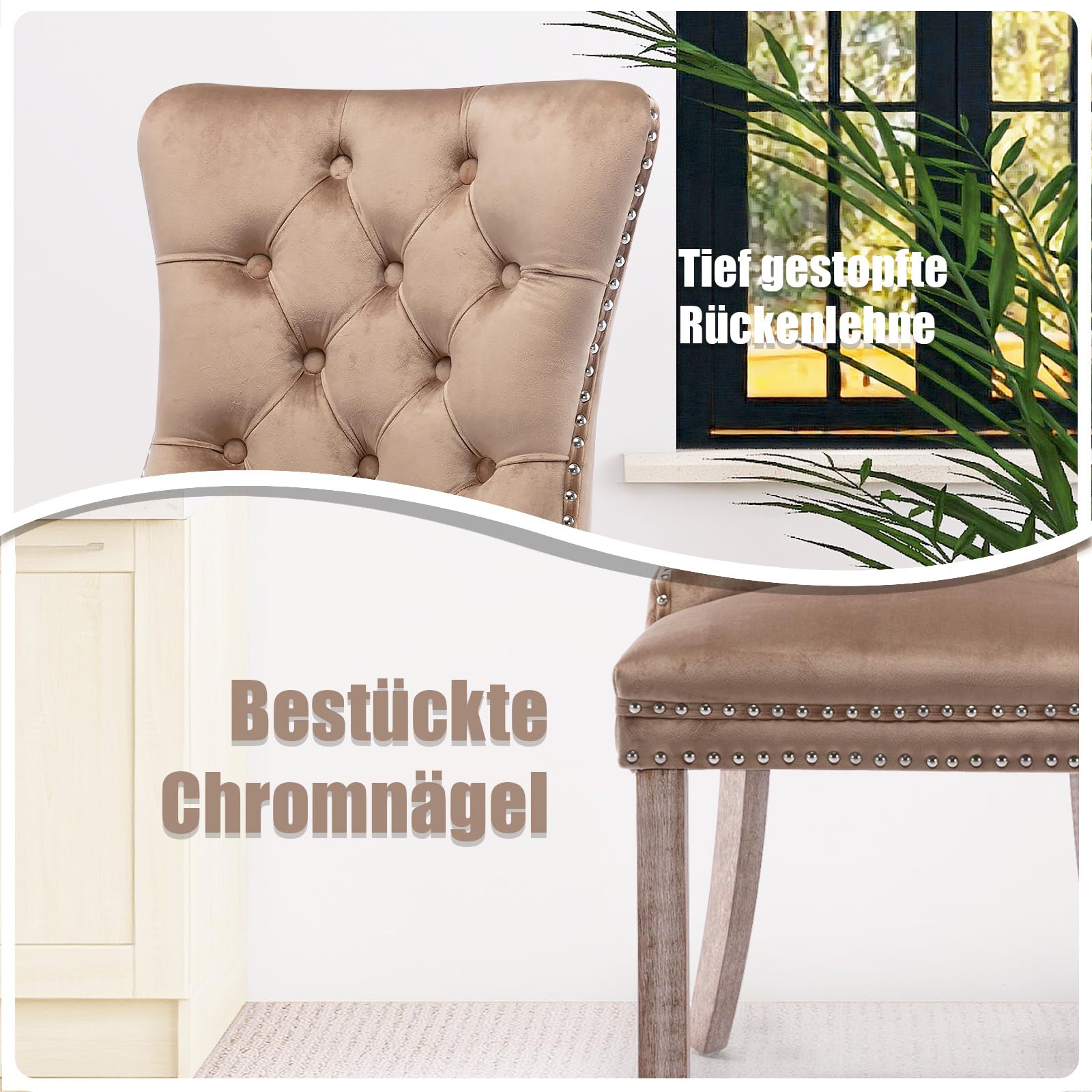 SoarFlash Esszimmerstühle aus Samt, mit gepolstertem Flügelrücken, Nietenbesatz, dekorativem Rückenring und Vollholzbeinen, 4er-Set, Khaki