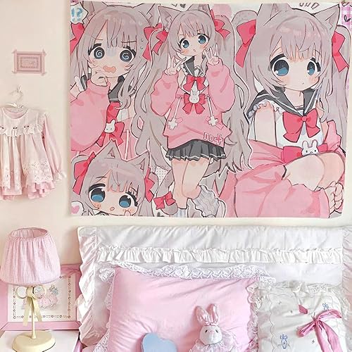 Miniatura 9 de HOKMAH Bonito tapiz colorido de anime, Kawaii japonés divertido diseño de dibujos animados para niñas, tapiz rosa para sala de estar, dormitorio,