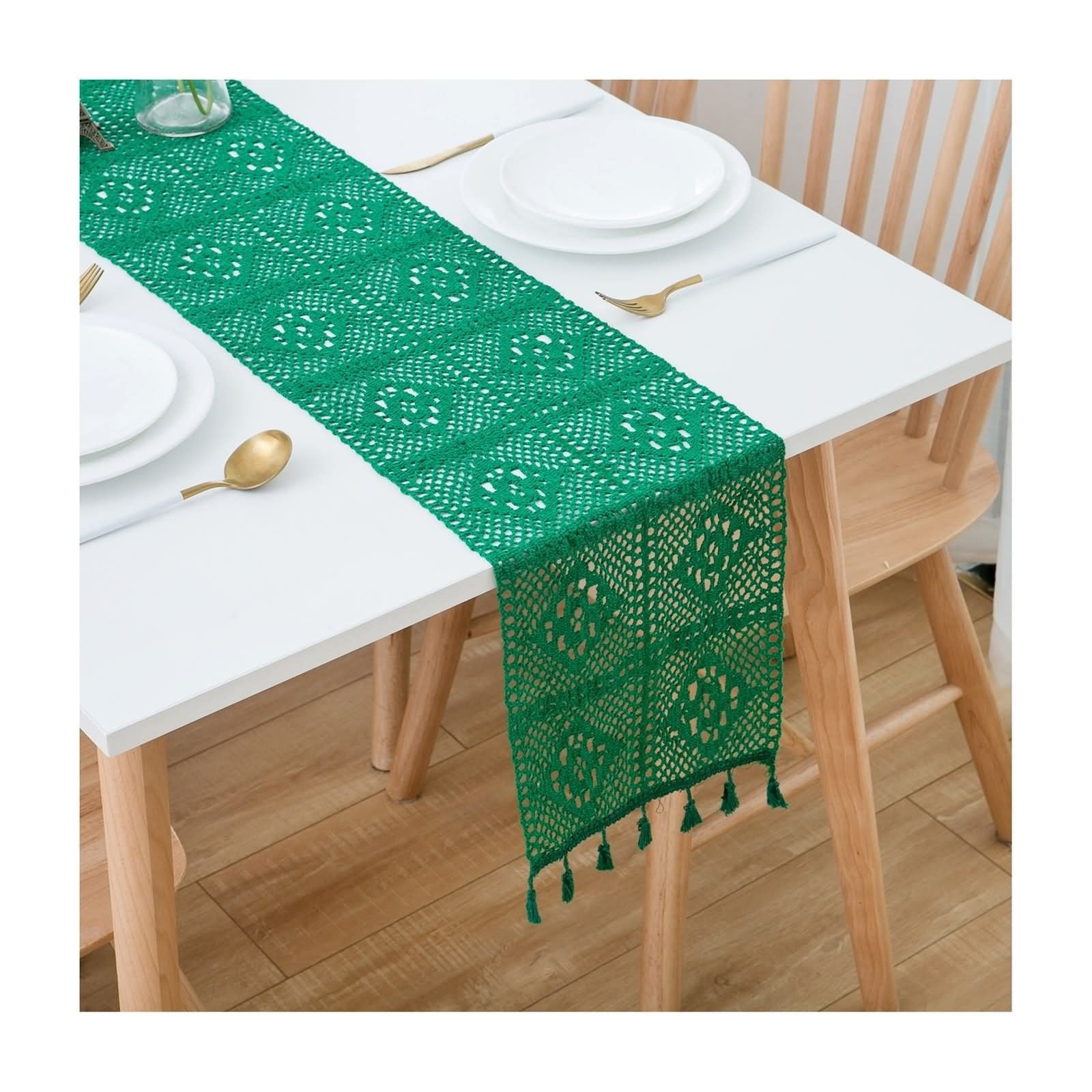 Camino de Mesa Grande, Centros Decorativos de Mesa Salon Flores de Encaje Ahuecadas Verde Sabana de Algodon 24x350CM