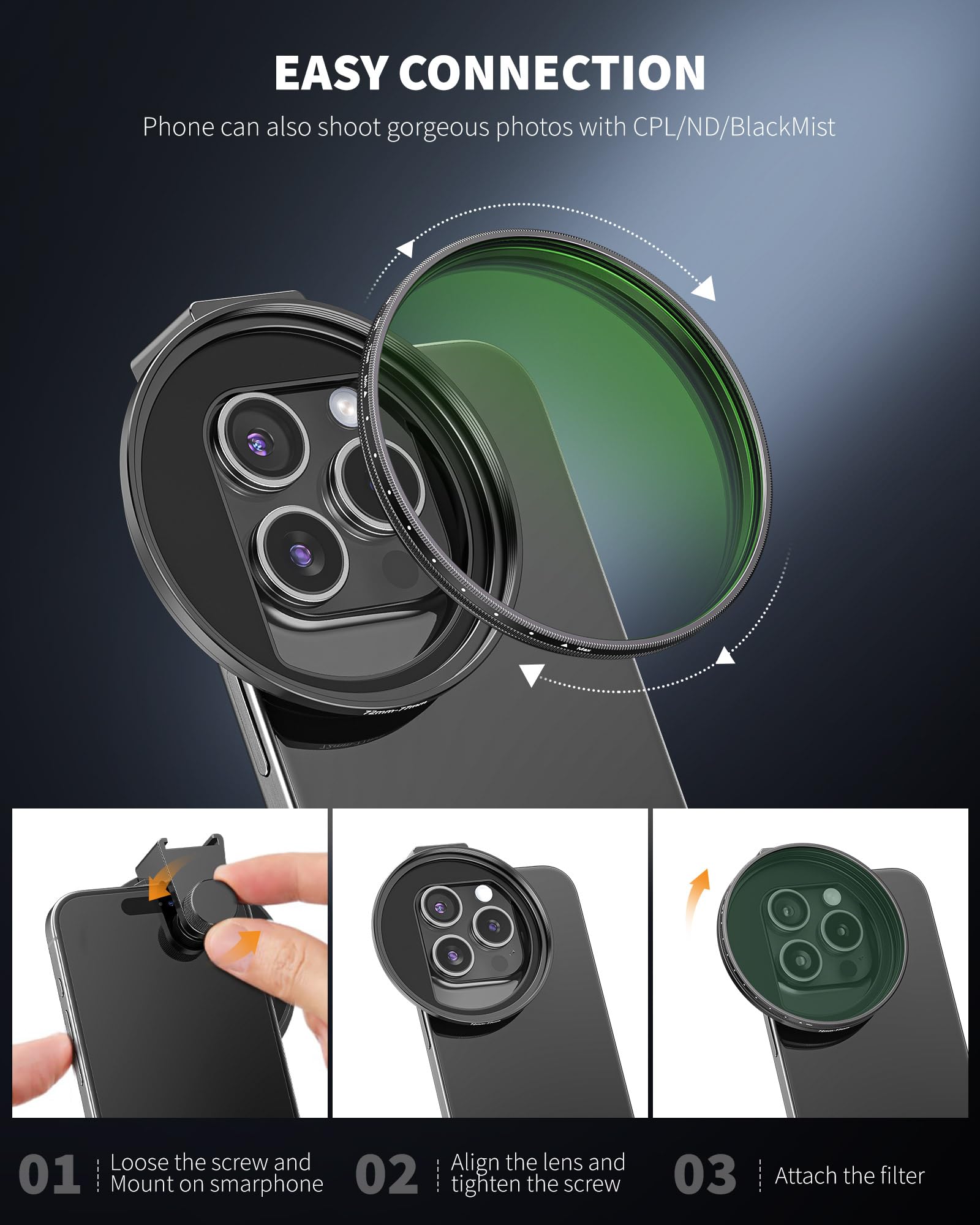 CAMOLOGEEK CPL-Filter für Handys, 72mm Kamera-Polfilter mit Metall-Kaltschuh-Handyklammer, kompatibel mit iPhone 16 15 14 13 12 11 X XS Plus Pro MAX Mini, Samsung Galaxy S24 S23 S22