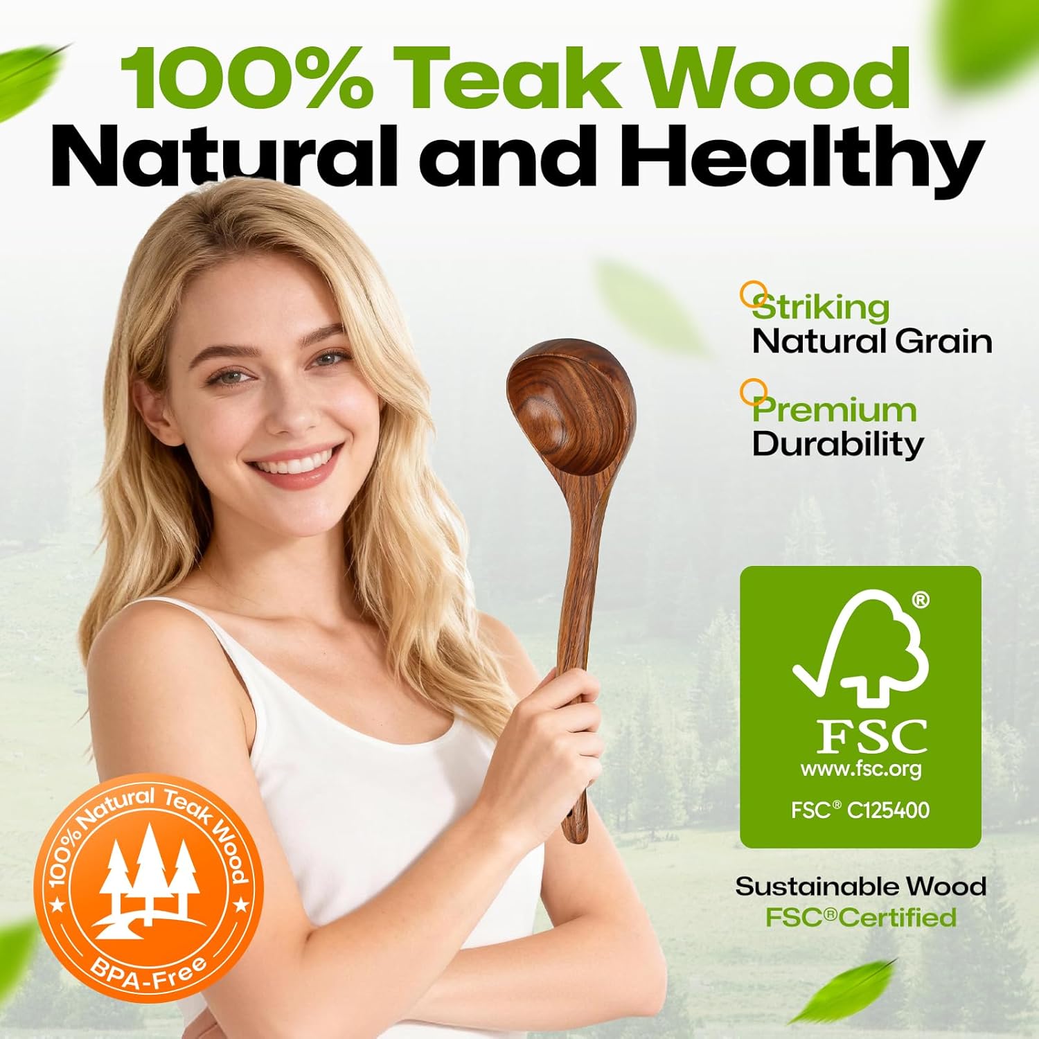 AIUHI 12.6″ Larger Wooden Ladle for Cooking, Long Handle Soup Spoon, Durable & Non-stick Teak Wood Ladle Spoon - Image 2