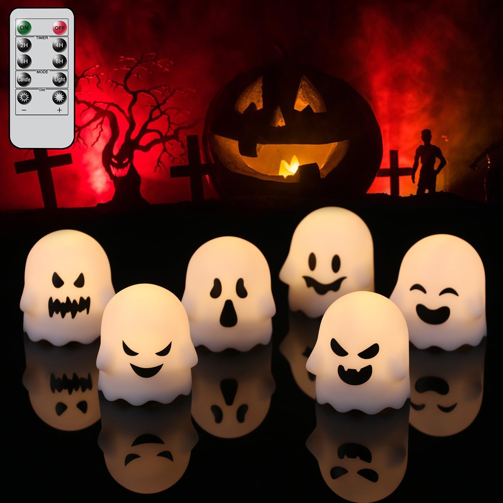 DRomance White Flameless Flickering Votive Candles Battery Operated with 10-Key Remote and Timer 6 Pack Warm Light Ghost Shaped Spooky Looking LED Halloween Candles Decoration Gifts(2 x 2.4 Inches)