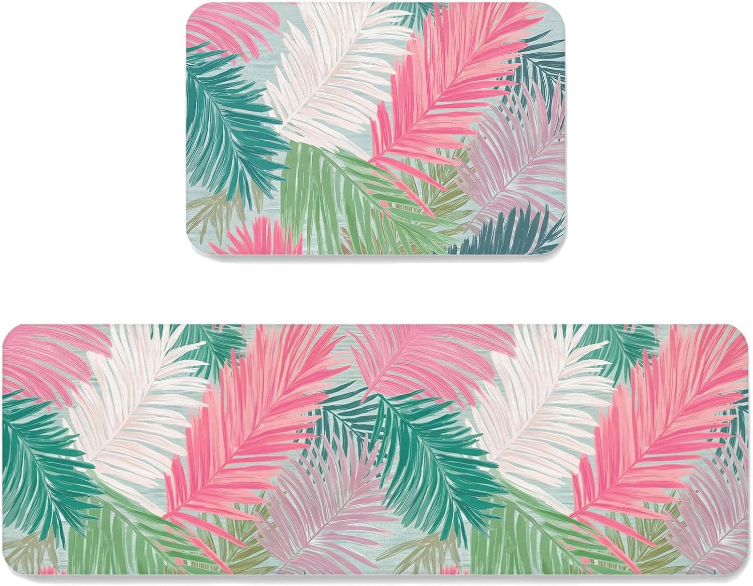 Pink Green Palm Leaves Kitchen Mats Set of 2 Summer Tropical Botanical Coastal Non Slip Mat Washable Floor Rug for Kitchen Sink Floor Laundry, 20"x24"+20"x48"