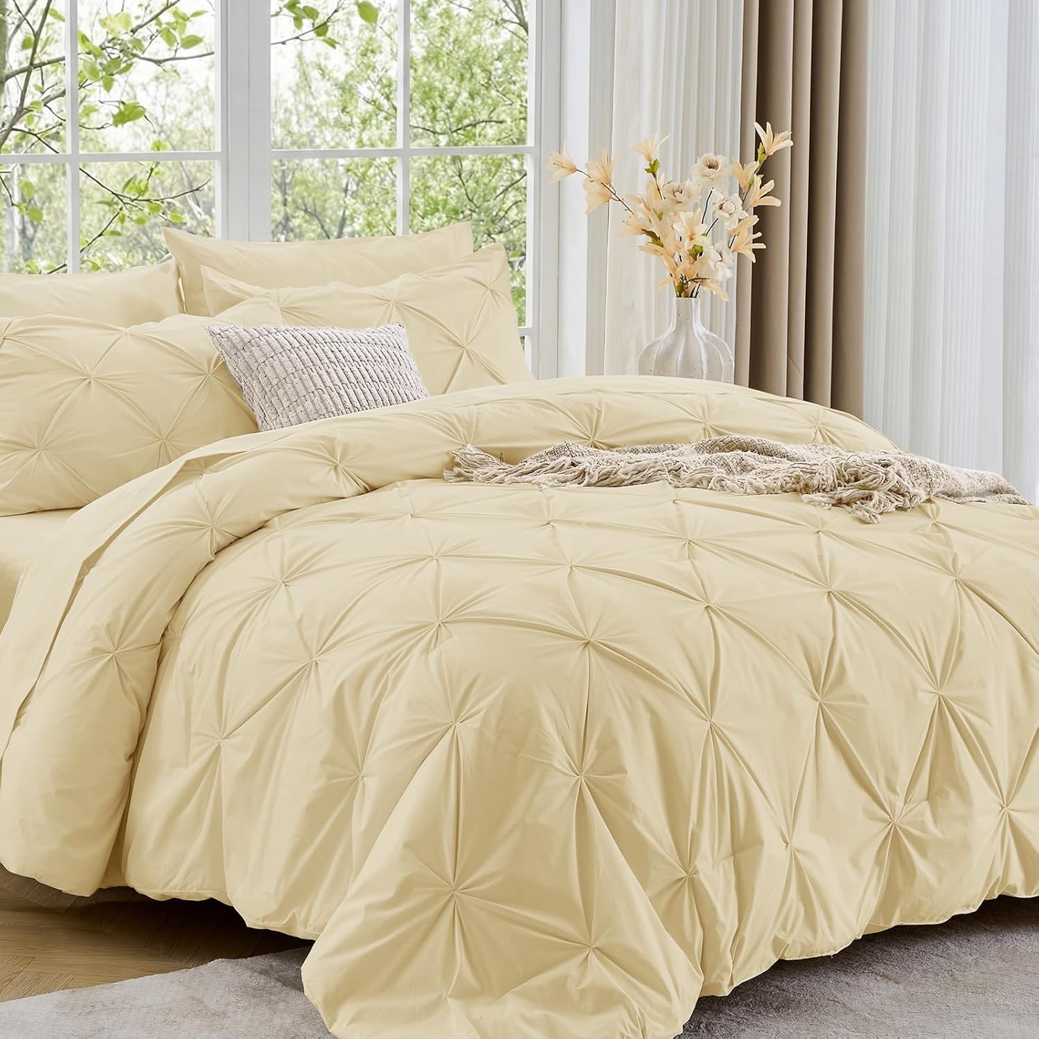 Sasttie Queen Comforter Set, 7-Piece Bed in a Bag, Pintuck Bedding Sets for All Season, Includes Comforter, Flat Sheet, Fitted Sheet, Pillowcases and Pillowshams, Pale Yellow