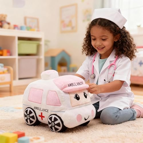 Miniatura 5 de Juguete de Carro de Ambulancia de Peluche Suave Camión Blanco Súper Lindo Peluche Excelentes Regalos para Niños o Fiesta de Cumpleaños 10.6 Pulgadas