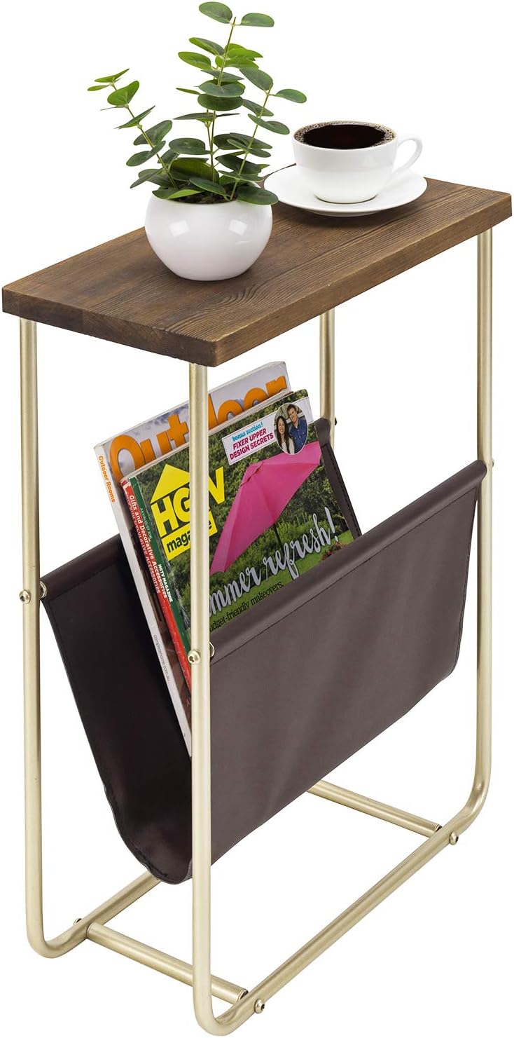 MyGift Living Room Side Table, Dark Brown Burnt Wood End Table and Brass Tone Metal Frame with Leatherette Magazine Holder Basket Sling