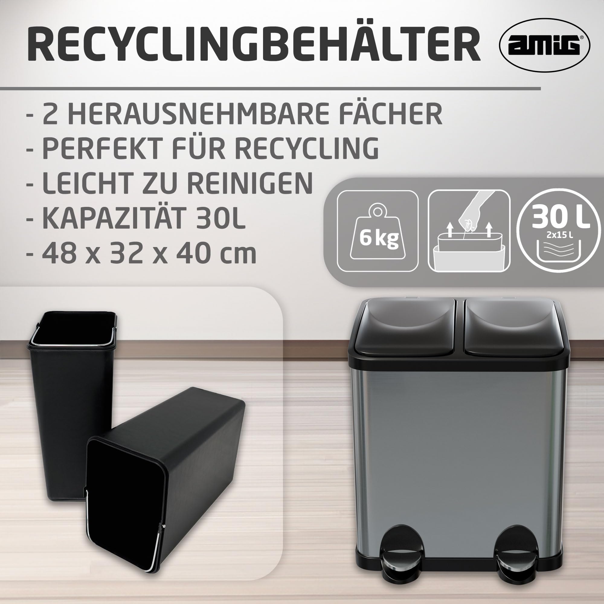 Amig - Doppelter Abfalleimer Recycling Mod. RECIK2-2 x 15L - 30 Liter - Mit 2 Fächern und Öffnung mit Pedal - 48x32x40 cm - Fassungsvermögen 15 l pro Behälter - Hermetischer Deckel - Edelstahl