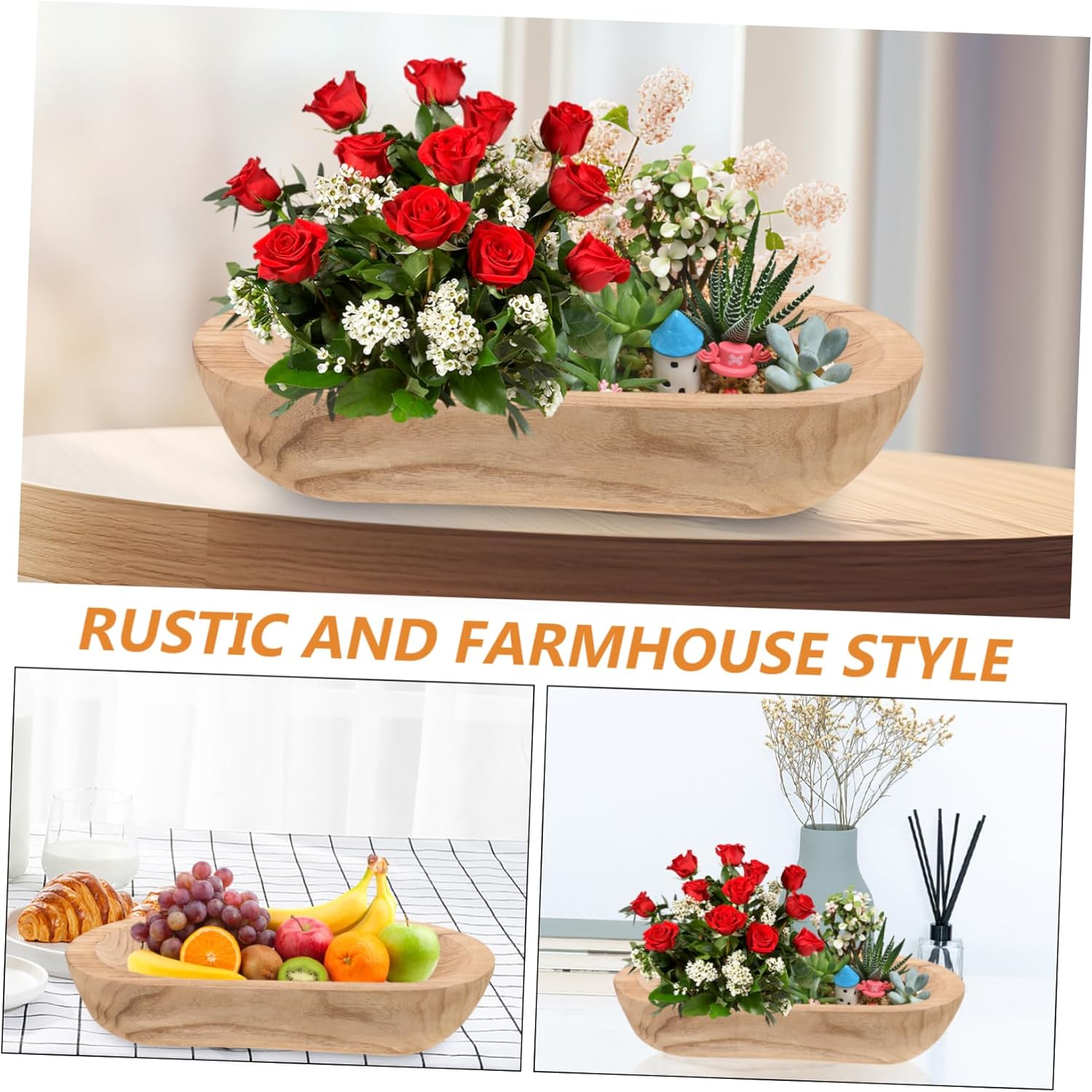 Alipis Rustic Wooden Dough Bowl Decorative Bowl for Centerpieces Table Display and Serving Unique Natural Grain Design for Farmhouse Decor for Fruits Candles