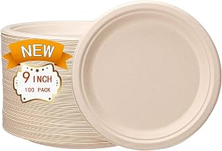 JEBBLAS Disposable Beige Paper Plates, Sugarcane Bagasse, Eco-Friendly, Compostable, Heavy Duty Paper Round Plates for Parties and Outdoor Dining, Microwave and Freezer Safe [100 Pack] (9" Round)