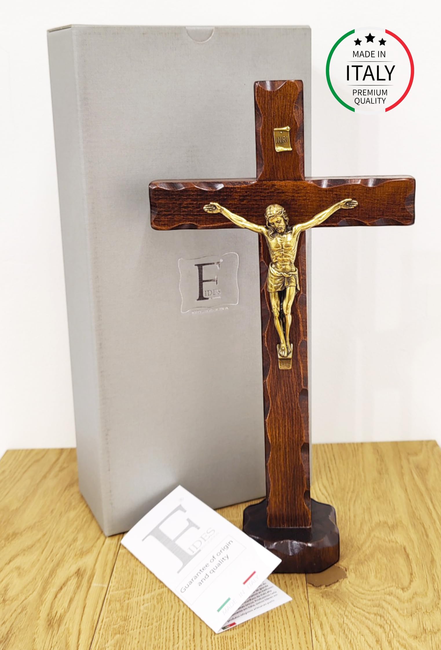 La Balestra Crocifisso da Tavola - Artigianale Made in Italy Cristo e INRI Ottonati - Crocifissi da Tavola in Legno, Cura e Precisione dei dettagli di Gesù Crocifisso -34,5X18 cm