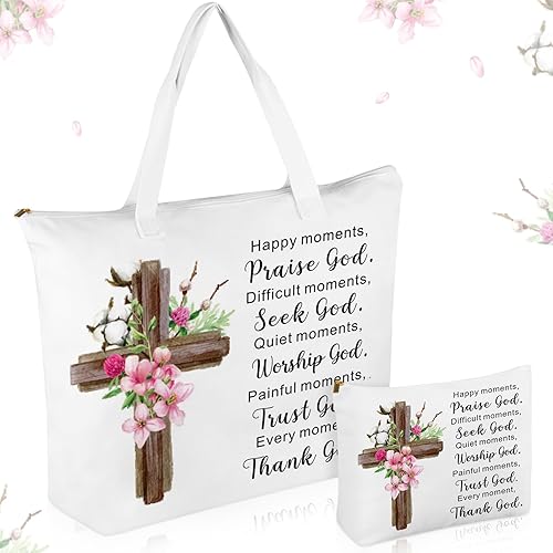Abbylike Bolsa de lona de girasol de regalo cristiano de 2 piezas con bolsa de maquillaje, versículo de la Biblia, bolsa religiosa para regalo de