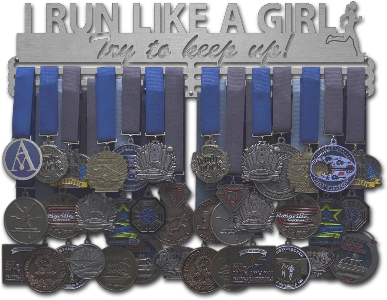 Allied Medal Hangers - I Run Like A Girl Try to Keep Up (18" Wide with 3 Hang Bars) - Medal Hanger Holder Display Rack - Multiple Variations Offered!