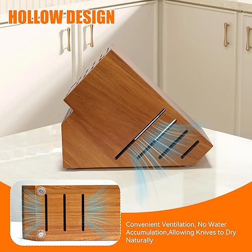 Miniatura 6 de Portacuchillos de madera de teca sin cuchillos, 20 ranuras, organizador universal grande de madera para cuchillos con ranuras anchas y soporte