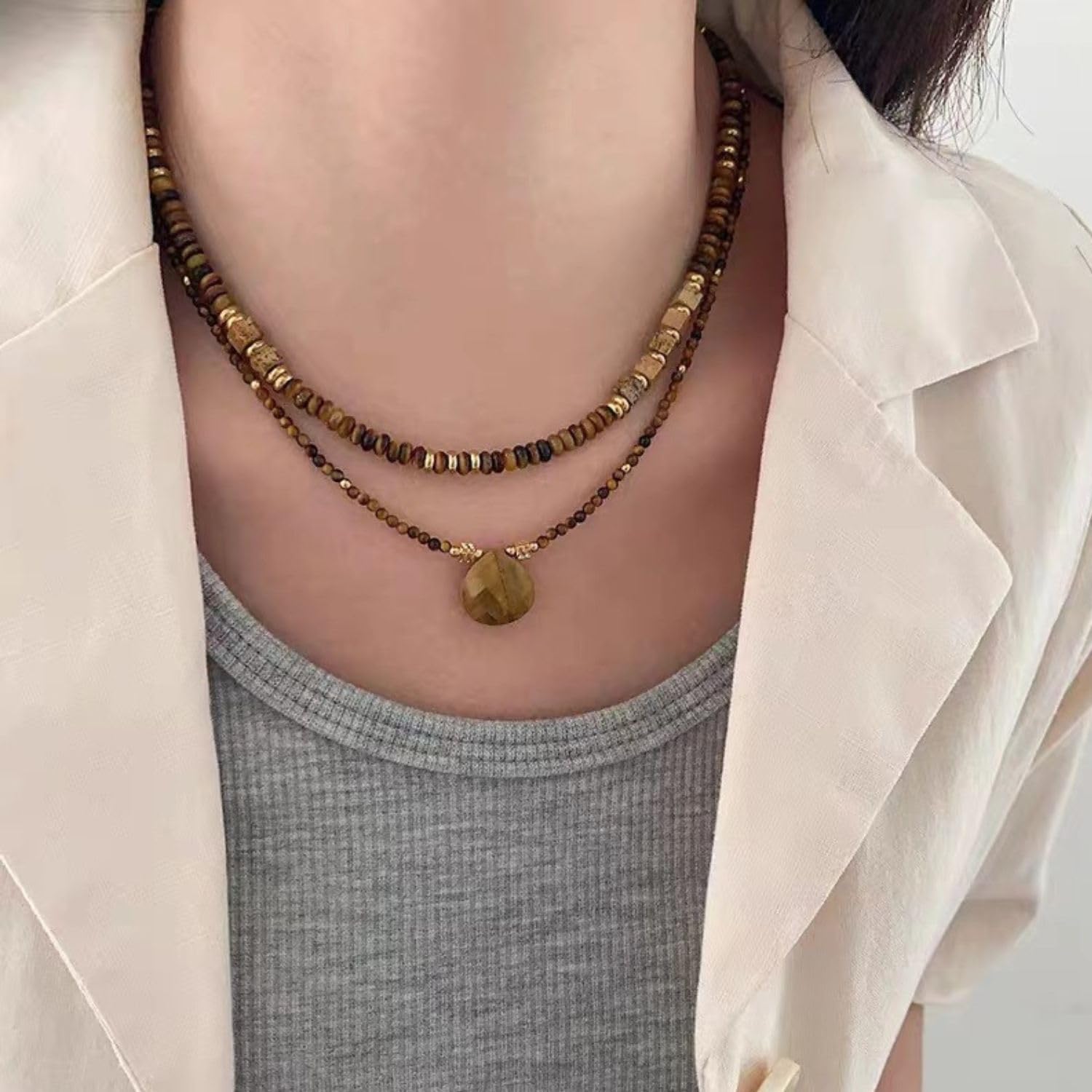 Beaded Necklace for Women Boho Beach Beaded Choker Natural Stone Brown Tiger Eye Necklace Jewelry Gift - Image 3