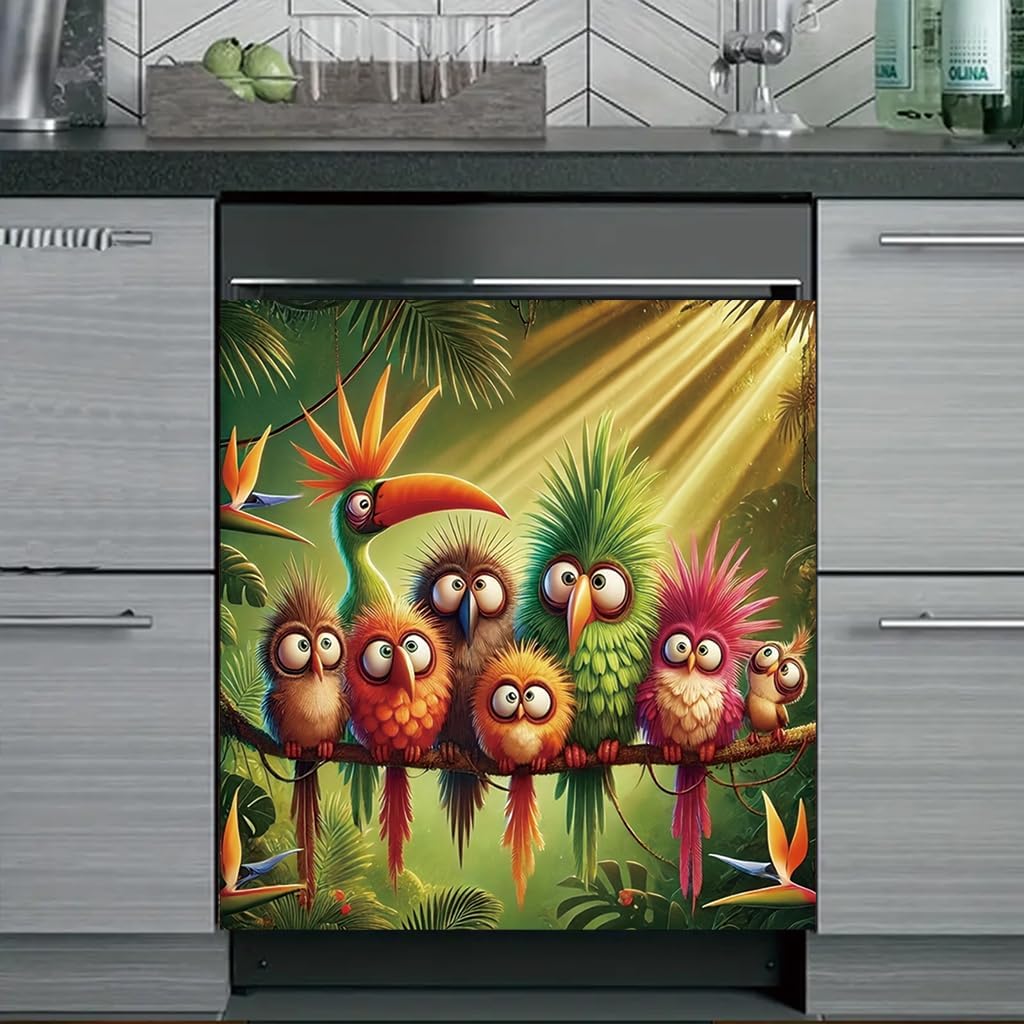 2D Flat Funny Tropical Birds Dishwasher Magnetic Cover Colorful Cartoon Parrot Jungle Appliance Panel Magnet for Dishwasher Refrigerator Washer Fun Kitchen Decor 23x26 Inch image 4