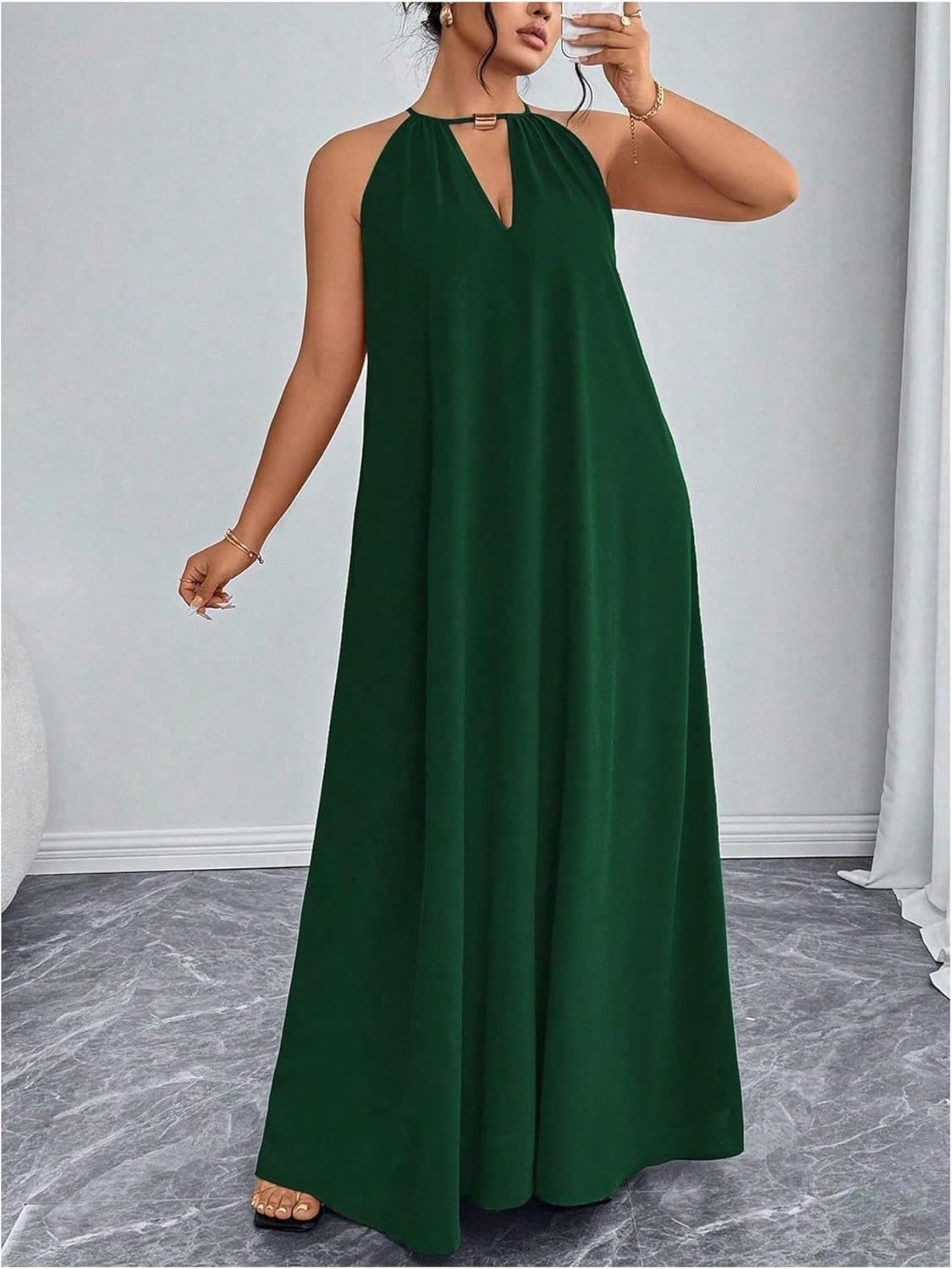 Women's Plus Size Halter Maxi Dress Cut Out Sleeveless Summer Vacation Flowy Dresses - Image 5