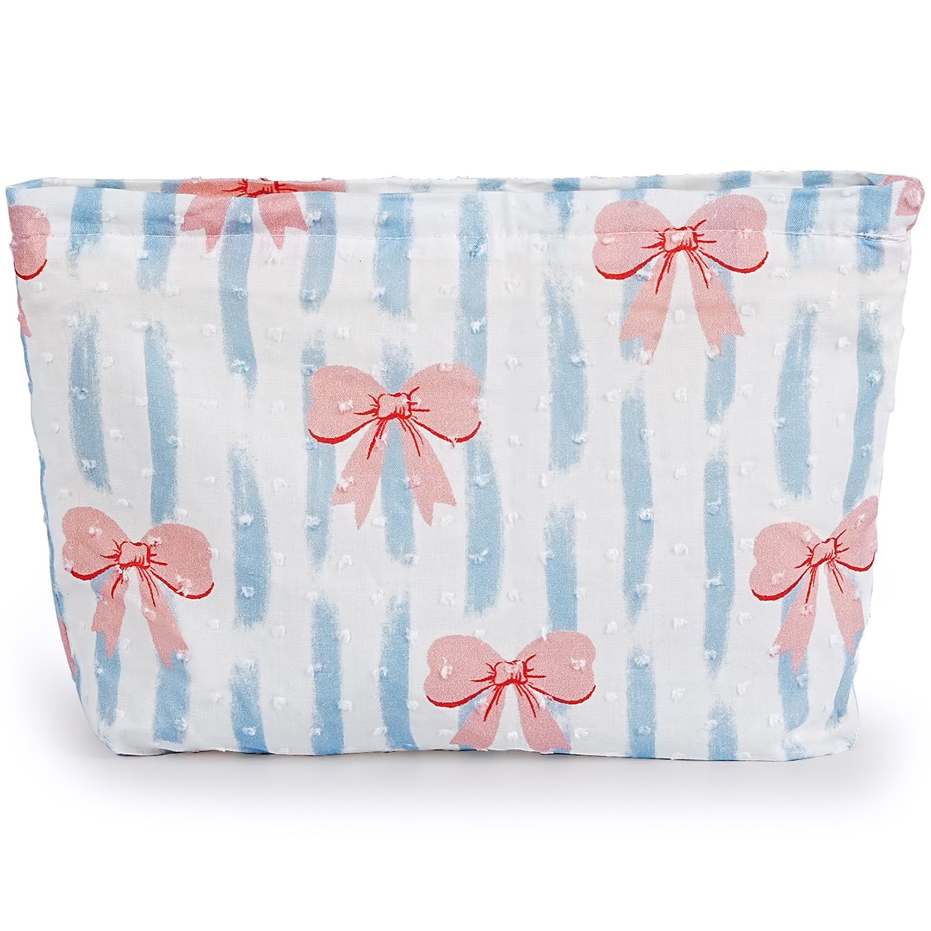 Large Makeup Bag for Purse Blue Stripe Pink Bow Cosmetic Bag for Women Girls Cute Pink Bowknot Canvas Travel Toiletry Bag Organizer