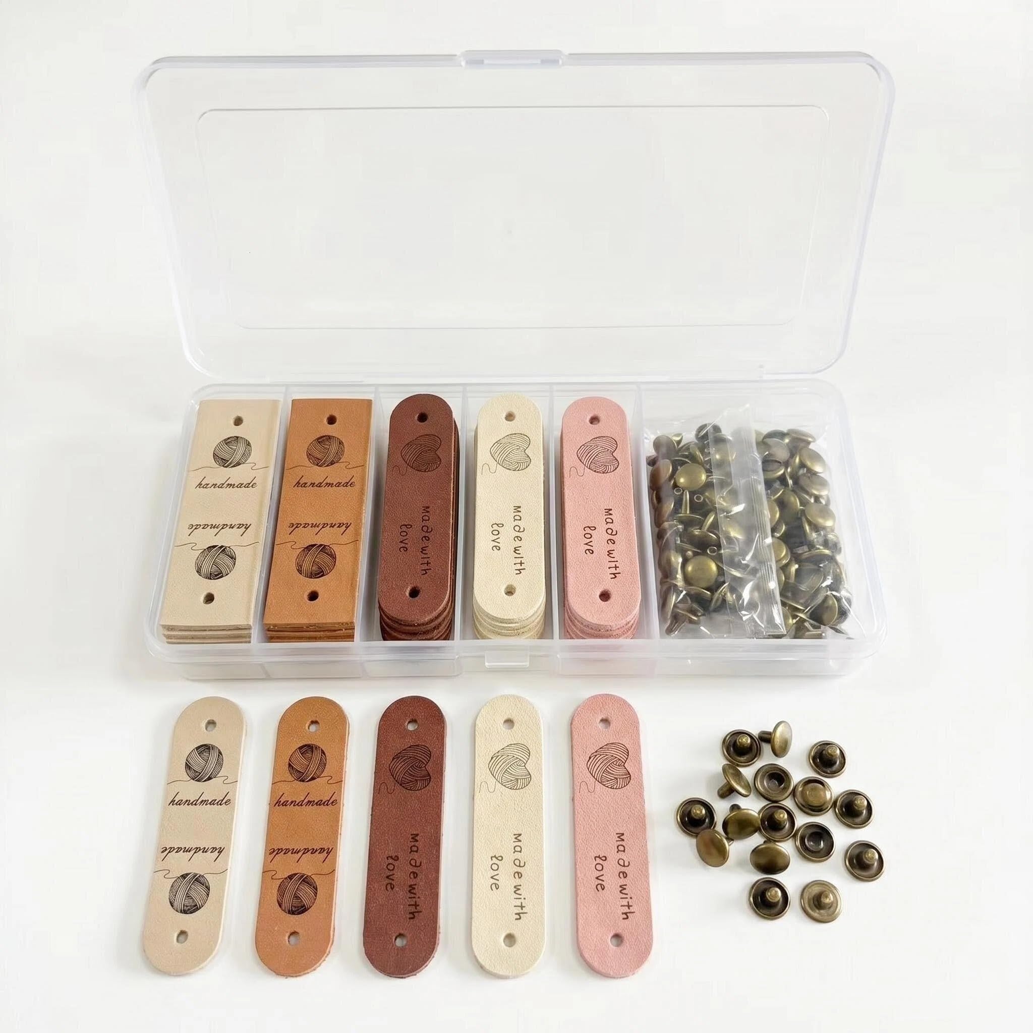 Yipakeh Handmade with Love Tags, 25Pcs Leather Labels with 50 Rivets for Knitting Crochet Bags DIY Personalized Craft Gift