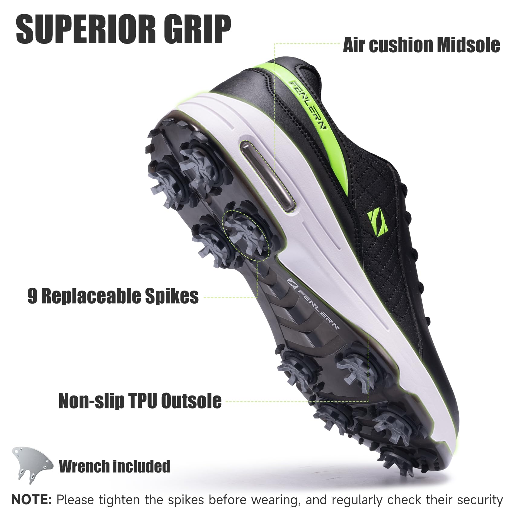 FENLERN Golfschuhe für Herren, mit Spikes, wasserdichtes Leder-Obermaterial, Dämpfung F006