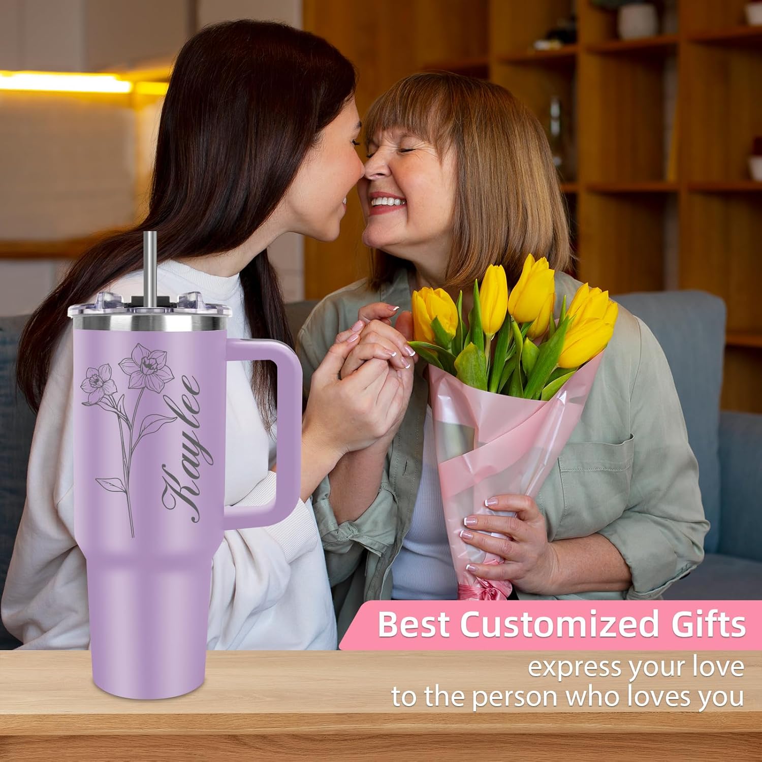 Personalized 40 oz Tumbler with Handle, Birthday Gifts for Women, Personalized Stainless Steel Insulated Coffee Tumbler Cup Travel Mug Water Bottle with Name and Birth Flower, Custom Tumbler for Women