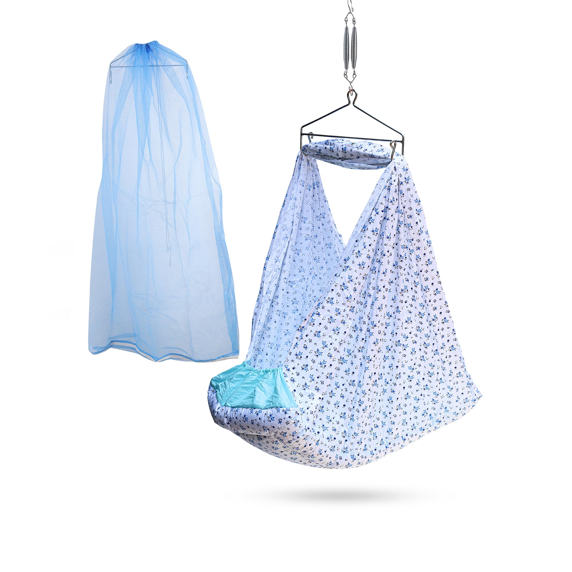 beetot Baby Cradle Set Swing/Jhula (Thottil Cloth, Palna, Dolna) | Hanging Cradle with Removable Bed, Mosquito Net, Spring, Triangle Hanger | Up to 15 kg | 0-2 Years | PRE-Floral Print Blue