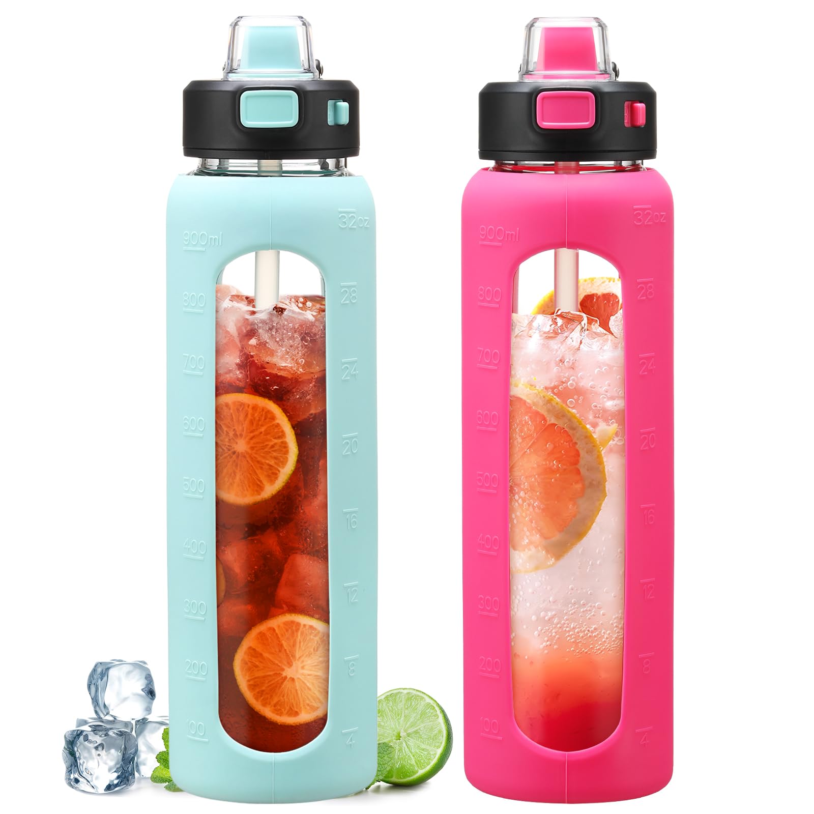 KodrineWater Bottle with Soft Straw and Carry Loop, 32 oz Glass Water Bottle with Locking Lid, Clear Water Bottles Sports, Drinking Bottle for Travel Home Gym, Leakproof, Light Blue&Rose Red