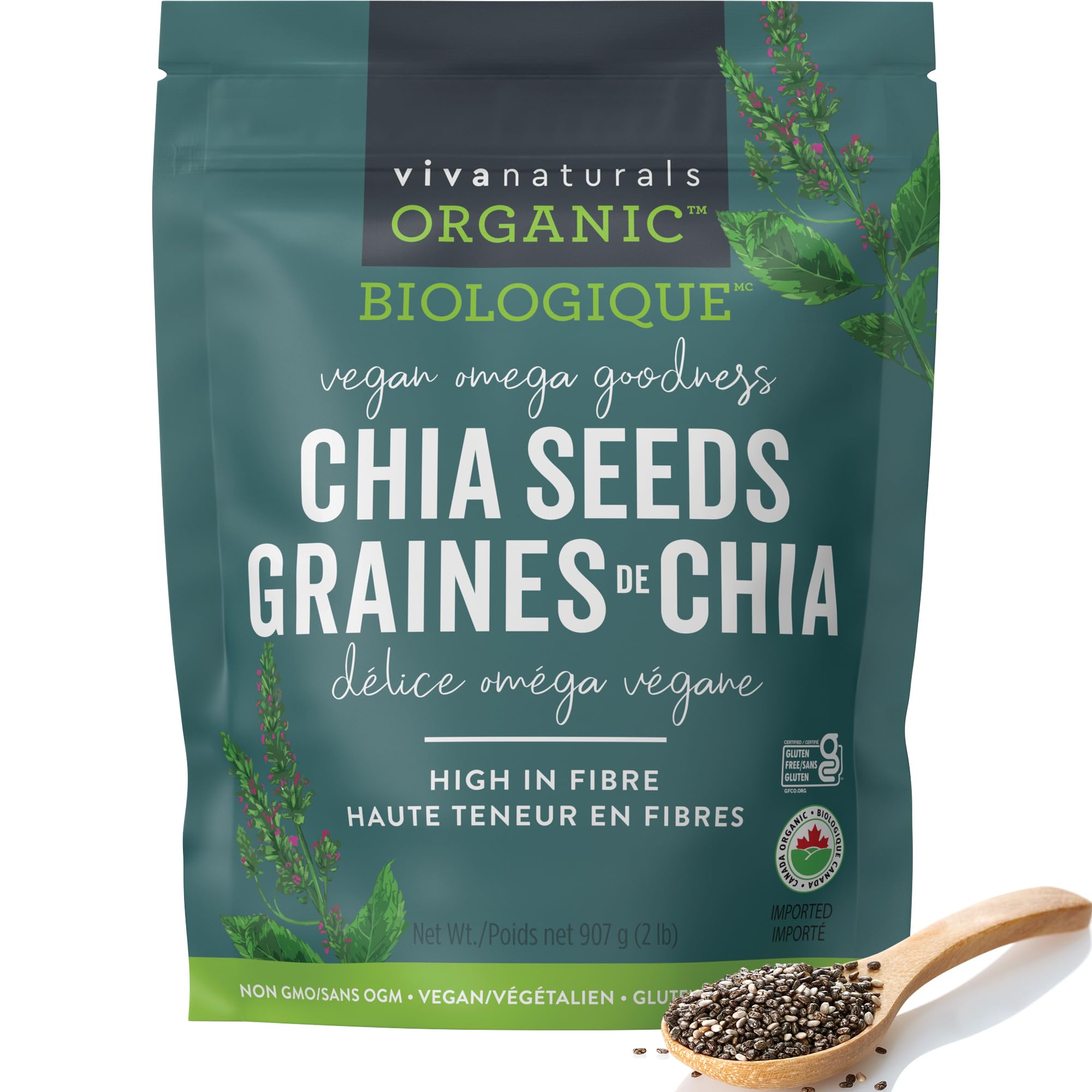 Viva Naturals Organic Chia Seeds  2 lb – Plant-Based Omega-3s & 6s and Vegan Protein  Non-GMO  Black Chia Seeds Organic  Graine de Chia – Perfect for Smoothies  Salads  and Chia Seed Pudding