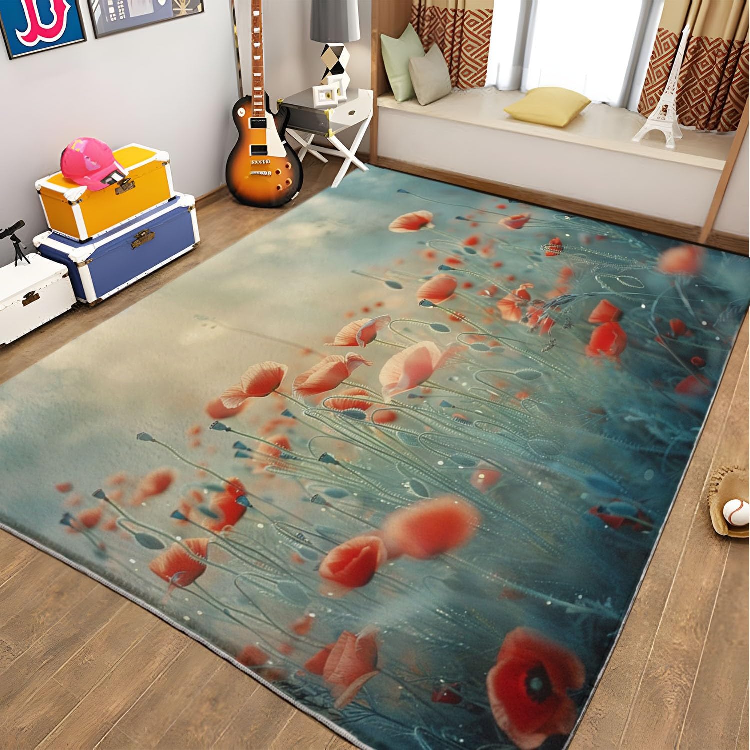 Tapis Salon imprimé Vert Sauge 160 x 230 cm, Tapis Chambre d'enfants Lavable - Coureur Chambre Floral thème Fleur de Pavot Plante Vert Sauge pour Salle à Manger Bureau Coureur antidérapant