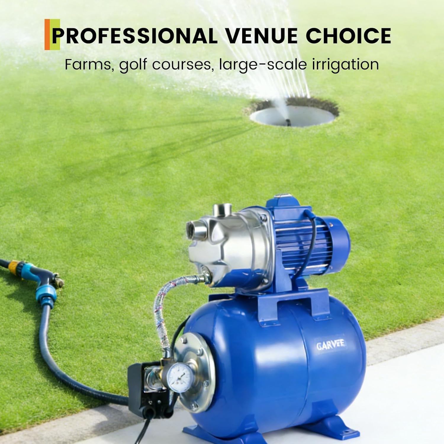 Garvee 1.6 HP Shallow Well Pump with Pressure Tank, 1320 GPH, Water Jet Irrigation Pump, Automatic Pressure Switch, Stainless Steel, for Home, Farm, Garden & Yard, Blue