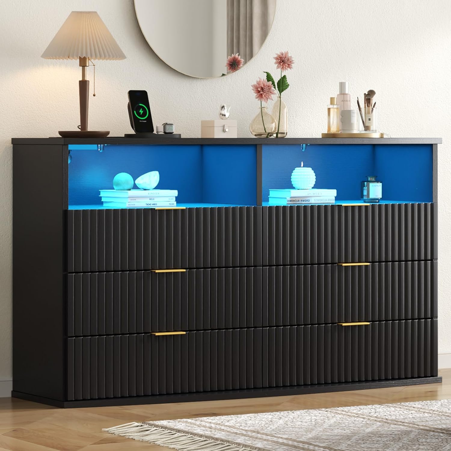 Fluted 6 Drawer Dresser with LED Lights, Modern Black Chest of Drawers with Power Outlet & Curved Top, Wood Dresser TV Stand, Black Double Dresser for Bedroom, Living Room, Hallway